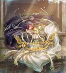  bare_shoulders blonde_hair bracelet breasts chain cleavage closed_eyes dress dual_persona etwahl instrument jewelry large_breasts league_of_legends light_smile long_hair lying mismist muse_sona pentakill_sona red_hair sash short_hair sitting sona_buvelle spiked_bracelet spikes wreath 
