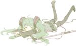  abara_heiki aqua_eyes boots cable detached_sleeves green_hair hair_ornament hatsune_miku legs_up long_hair lying microphone microphone_stand necktie on_stomach open_mouth skirt solo thigh_boots thighhighs twintails vocaloid 