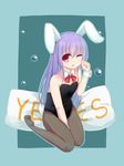  animal_ears bow bowtie bunny_ears bunny_tail bunnysuit detached_collar fishnet_pantyhose fishnets long_hair one_eye_closed pantyhose purple_hair red_eyes reisen_udongein_inaba shirai_momiji tail touhou wrist_cuffs yes yes-no_pillow 