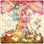  4girls aida_mana blue_hair bow brown_eyes brown_hair brown_legwear card closed_eyes club_(shape) copyright_name cup cupcake davi_(dokidoki!_precure) diamond_(shape) dokidoki!_precure double_bun dress flipped_hair flower food frills fruit grass half_updo heart hishikawa_rikka kenzaki_makoto kettle long_hair mascot multiple_girls mushroom necktie pantyhose pink_bow pink_eyes pink_hair precure purple_eyes purple_hair purple_legwear rakeru_(dokidoki!_precure) rance_(dokidoki!_precure) rounded_corners sharuru_(dokidoki!_precure) shirt shoes short_hair short_twintails shorts skirt smile socks spade_(shape) strawberry striped striped_background striped_shirt tea teacup thighhighs tree twintails vertical-striped_background vertical_stripes yotsuba_alice yunoto_(conceit) 