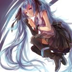 39 2013 blue_eyes blue_hair boots dated elbow_gloves gloves hair_ribbon hatsune_miku highres long_hair ribbon sakey1997 single_glove skirt solo thighhighs twintails very_long_hair vocaloid 