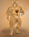  anthro balls biceps big_muscles bottomless bovine cattle clothing cum cum_string cup dripping english_text flaccid glass hair horn male mammal mohawk muscles ozzan pecs penis shirt solo standing tank_top text uncut vest 