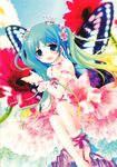  absurdres ankle_cuffs arm_garter blue_eyes butterfly_wings copyright_request crown dress flower green_hair hair_flower hair_ornament happy highres long_hair md5_mismatch ribbon sakurazawa_izumi solo twintails wings wrist_cuffs 