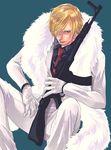  1boy alternate_costume blonde_hair blue_background feather_boa formal fur_trim gloves gun hair_over_one_eye jacket male male_focus necktie one_piece sanji sitting solo suit weapon white_gloves white_jacket white_pants white_suit 