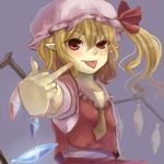  bad_id bad_pixiv_id blonde_hair fingernails flandre_scarlet fuyuno hat long_fingernails middle_finger pointy_ears red_eyes simple_background solo tongue tongue_out touhou wings 