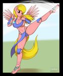  anthro bipedal blonde_hair border breasts brown_eyes clothing digital_media_(art) equine female fighting_stance friendship_is_magic front_view full-length_portrait glowing hair horse kick kloudmutt knee_guard knee_pads mammal my_little_pony necklace on_one_leg orange_eyes pegasus pink_skin pony pose solo standing wings wrist_guard 