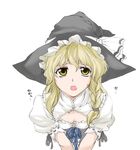  blonde_hair braid breasts cleavage curiosities_of_lotus_asia elf_(stroll_in_the_woods) hair_ribbon hat hat_ribbon kirisame_marisa looking_at_viewer medium_breasts open_mouth puffy_short_sleeves puffy_sleeves ribbon short_sleeves side_braid simple_background solo touhou white_background witch_hat yellow_eyes ze_(phrase) 