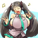  1girl bare_shoulders black_hair breasts bursting_breasts cow_girl cow_girl_(hataraki) cow_horns detached_sleeves eyes_closed female halterneck hataraki_ari hatsune_miku hatsune_miku_(cosplay) horns huge_breasts long_hair microphone miniskirt musical_note necktie open_mouth shiny_skin simple_background singing skirt twintails vocaloid 