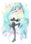 aqua_eyes aqua_hair boots glasses hatsune_miku headphones long_hair microphone mimi_(mimi_puru) musical_note necktie one_eye_closed open_mouth pointing skirt solo standing standing_on_one_leg thigh_boots thighhighs twintails very_long_hair vocaloid 
