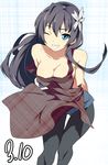  apron bad_id bad_pixiv_id bare_shoulders black_hair blue_eyes breasts cleavage collarbone dated flower grin hair_flower hair_ornament long_hair medium_breasts one_eye_closed pantyhose pigeon-toed saten_ruiko smile solo strap_slip thigh_gap to_aru_kagaku_no_railgun to_aru_majutsu_no_index toru_k unmoving_pattern 