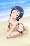  aragaki_ayase barefoot beach blue_eyes blush breasts front-tie_top highres legs long_hair long_legs looking_at_viewer medium_breasts navel open_mouth ore_no_imouto_ga_konna_ni_kawaii_wake_ga_nai outdoors sand smile smile_(rz) solo squatting water 