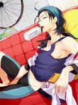  arm_support bicycle bike_shorts black_hair blue_eyes bottle cellphone cellphone_charm couch groin ground_vehicle headband jacket jewelry looking_at_viewer lying male_focus matsuo_shin mouth_hold necklace nipple_slip nipples on_back phone plant sleeveless solo sweat tank_top teeth toudou_jinpachi water_bottle wet yowamushi_pedal 