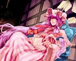  bad_id bad_pixiv_id book bookshelf bow chair crescent dress ears hair_bow hat highres john_marica lips long_hair looking_at_viewer mob_cap nose parted_lips patchouli_knowledge purple_eyes purple_hair reclining ribbon robe sidelocks solo touhou very_long_hair 