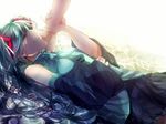  39 backlighting closed_eyes detached_sleeves green_hair hand_on_another's_face hand_on_own_stomach hatsune_miku long_hair lying necktie on_back skirt vocaloid xxxka66 