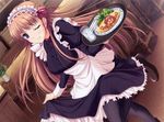  1girl blush brown_hair carrying chair cup drink dutch_angle female food fork game_cg glass hairband highres komori_kei long_hair looking_at_viewer maid maid_headdress noel_maresse_ascot pantyhose purple_eyes sandwich shoes skirt smile solo spoon standing tray very_long_hair waitress walkure_romanze water wink 