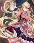  absurdly_long_hair blonde_hair braid cake cup dress food fork hair_ribbon kettle long_hair majoca_majoluna prehensile_hair purple_eyes rapunzel rapunzel_(grimm) ribbon rie_(ooorie) smile solo tea very_long_hair 