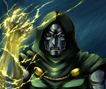  blue_background cloak doctor_doom gauntlets hood hooded_cloak lightning looking_at_viewer male_focus marvel marvel_vs._capcom marvel_vs._capcom_3 mask portrait shimo_(depthbomb) solo sparks vambraces 