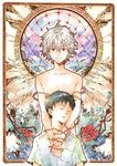  :| albino angel_wings bangs bident black_hair closed_eyes closed_mouth cloud collarbone cross evangelion:_3.0_you_can_(not)_redo expressionless fisheye frame gradient hair_between_eyes hand_on_another's_chest hands_together hug hug_from_behind ikari_shinji lance_of_longinus male_focus moon multiple_boys nagisa_kaworu neon_genesis_evangelion nude out_of_frame parted_bangs parted_lips plant pocket polearm rebuild_of_evangelion red_eyes school_uniform shirt short_sleeves sky spear spear_of_cassius spiked_hair standing thorns upper_body vines weapon white_hair white_shirt white_wings wings yaoi 