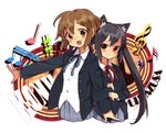  animal_ears arm_hug black_hair brown_eyes brown_hair cat_ears highres hirasawa_yui k-on! long_hair lr. multiple_girls nakano_azusa sakuragaoka_high_school_uniform school_uniform short_hair twintails 