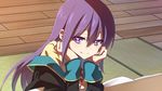  banned_artist cardigan chin_rest gj-bu kotatsu long_hair long_sleeves purple_eyes purple_hair school_uniform smile solo suisen sumeragi_shion table very_long_hair 