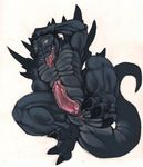  anthro anus balls biceps big_penis black_skin claws dog-bone erection flexing godzilla godzilla_(series) knot looking_at_viewer male monster muscles nude pecs penis pink_penis plain_background pose presenting scales sheath slit solo thick_penis toe_claws tongue tongue_out unusual_penis vein white_background 
