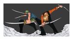  2boys border collared_shirt colored dual_wielding edited enies_lobby fighting_stance haramaki knife male male_focus multiple_boys oda_eiichirou official_art one_piece orange_shirt roronoa_zoro sanji shirt sword triple_wielding waistcoat weapon 