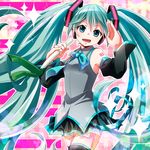  aqua_eyes aqua_hair bow bowtie detached_sleeves hatsune_miku headphones long_hair necktie open_mouth pinky_out skirt solo spring_onion thighhighs tsujiori twintails very_long_hair vocaloid 