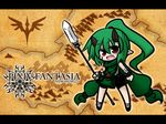  bike_shorts chibi fang green_hair horns letterboxed long_hair open_mouth pixiv_fantasia pixiv_fantasia_new_world pointy_ears polearm ponytail red_eyes sarashi scarf smile solo spear weapon yanagi_(nurikoboshi) 