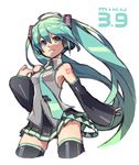  39 aqua_eyes aqua_hair character_name cowboy_shot cropped_legs detached_sleeves hatsune_miku headphones highres long_hair necktie simple_background skirt solo thighhighs tonami_kanji twintails very_long_hair vocaloid white_background 