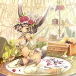  animal_ears breasts bustier cake cleavage flower food fox_ears fox_tail fruit grapes hair_flower hair_ornament highres jizero large_breasts navel pixiv_fantasia pixiv_fantasia_new_world plate rose shiny shiny_skin short_hair tail thighhighs 