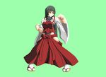  bare_shoulders black_hair breasts clenched_hands detached_sleeves fighting_stance hakama hinnnyuuha japanese_clothes large_breasts leotard long_hair m.u.g.e.n nontraditional_miko original sandals sendai_hakurei_no_miko simple_background solo sprite_art tabi touhou wide_sleeves yellow_eyes 