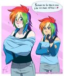  &lt;3 blue_eyes blush clothing costume dialog duo english_text female fingerless_gloves fluttershy_(mlp) friendship_is_magic gloves hair hazurasinner human humanized mammal multi-colored_hair my_little_pony not_furry purple_eyes rainbow_dash_(mlp) rainbow_hair text 