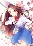  brown_hair finger_to_mouth flower hand_on_hip hat heart highres idolmaster idolmaster_(classic) leaning_forward long_hair looking_at_viewer minase_iori red_eyes shushing solo udon_(improvisation) 
