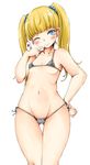  aqua_eyes bikini blonde_hair blush breasts finger_to_mouth hand_on_hip haruyukiko idolmaster idolmaster_cinderella_girls long_hair looking_at_viewer mary_cochran micro_bikini one_eye_closed small_breasts smile swimsuit twintails 