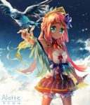  alette_(pfnw) arm_up bad_id bad_pixiv_id bird blue_eyes blush breasts cleavage cloud dark_skin flower hair_flower hair_ornament hair_tubes instrument long_hair looking_at_viewer namie-kun open_mouth pixiv_fantasia pixiv_fantasia_new_world recorder red_hair sky small_breasts solo 