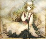  animal blonde_hair cross goat green_eyes hair_ornament kneeling original short_hair solo sugi thighhighs 