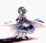  blue_eyes blue_hair cape highres hug kneeling magical_girl mahou_shoujo_madoka_magica miki_sayaka short_hair simple_background solo sugi sword thighhighs weapon zettai_ryouiki 