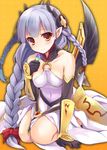  bankoku_ayuya bare_legs black_gloves blush bow braid breasts covered_navel earrings elbow_gloves gloves hair_bow jewelry light_valkyrie_(p&amp;d) long_hair looking_at_viewer medium_breasts multiple_braids pointy_ears puzzle_&amp;_dragons red_eyes silver_hair smile tri_braids valkyrie valkyrie_(p&amp;d) 