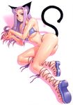  absurdres animal_ears ankle_lace-up breast_press breasts cat_ears cat_tail cross-laced_footwear feet high_heels highres kanesada_keishi lace-up_heels large_breasts nail_polish open_shoes platform_footwear purple_hair sandals shoes skindentation tail toes undersized_clothes 