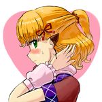  arm_warmers blonde_hair blush chocolate green_eyes hair_ribbon half_updo mizuhashi_parsee pointy_ears profile ribbon short_hair short_sleeves solo sweat touhou yuki-ichigo 