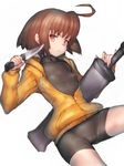  ahoge bike_shorts brown_hair dual_wielding flat_chest fumio_(rsqkr) holding jacket knife linne orange_shirt red_eyes shirt short_hair simple_background solo sword under_night_in-birth weapon white_background 