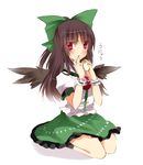  bad_id bad_pixiv_id blush bow brown_hair cape eating egg food fujishiro_emyu hair_bow long_hair open_mouth red_eyes reiuji_utsuho sitting skirt solo third_eye touhou unyu wings 