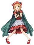  annie_hastur bangs blonde_hair blunt_bangs blush cape crossed_arms dress erementa full_body green_eyes hood league_of_legends mary_janes no_socks open_mouth shoes solo stuffed_animal stuffed_toy teddy_bear white_background 