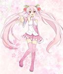  afuro_(did) boots cherry detached_sleeves food fruit hatsune_miku long_hair necktie open_mouth outstretched_arm pink_eyes pink_footwear pink_hair sakura_miku skirt solo thigh_boots thighhighs twintails very_long_hair vocaloid 