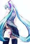  39 aqua_eyes aqua_hair ass bad_id bad_pixiv_id from_behind hatsune_miku headphones long_hair looking_back simple_background skirt skirt_lift solo tattoo thighhighs total twintails very_long_hair vocaloid white_background 