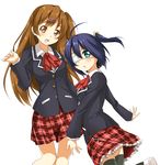  black_hair blue_eyes brown_eyes brown_hair chuunibyou_demo_koi_ga_shitai! eyepatch hair_ornament hairclip highres long_hair multiple_girls nibutani_shinka one_side_up plaid plaid_skirt school_uniform short_hair skirt takanashi_rikka thighhighs tsukasa_0913 zettai_ryouiki 