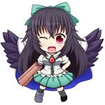  arm_cannon b.leaf black_hair blouse bow breasts cape chibi hair_bow hand_on_hip kneehighs long_hair looking_at_viewer mismatched_footwear one_eye_closed open_mouth red_eyes reiuji_utsuho short_sleeves skirt solo third_eye touhou very_long_hair weapon wings 