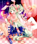  animal_hood bad_id bad_pixiv_id bunny bunny_hood checkered checkered_floor choko_(alice_vessaliuss) copyright_name corset food fork fruit gloves green_eyes green_hair hatsune_miku highres hood long_hair lots_of_laugh_(vocaloid) multiple_girls scrunchie sitting skirt star strawberry striped striped_legwear stuffed_animal stuffed_bunny stuffed_toy thighhighs vertical-striped_legwear vertical_stripes very_long_hair vocaloid 