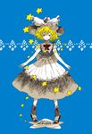  2011 blonde_hair blue_background hat kirisame_marisa light_smile purple_eyes short_hair solo standing star sugi touhou 