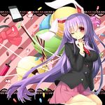  animal_ears blush bunny_ears candy cellphone food highres iphone ken123456 long_hair necktie one_eye_closed phone purple_hair red_eyes red_neckwear reisen_udongein_inaba skirt smartphone smile solo thighhighs touhou 